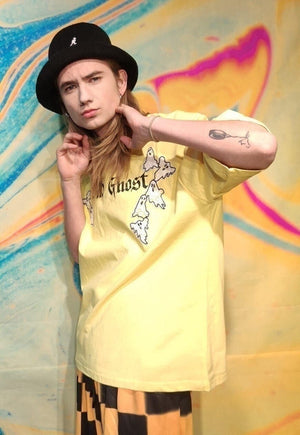 Ghost patch t-shirt flock Casper cartoon mesh tee in yellow