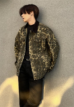 Leopard denim jacket button animal print jean bomber green