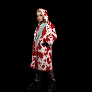 Cow print faux fur long coat hooded spot print trench rave bomber detachable fleece festival removable sleeves burning man jacket red white