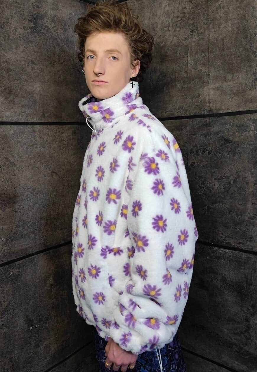 Floral fleece jacket handmade reversible daisy bomber white