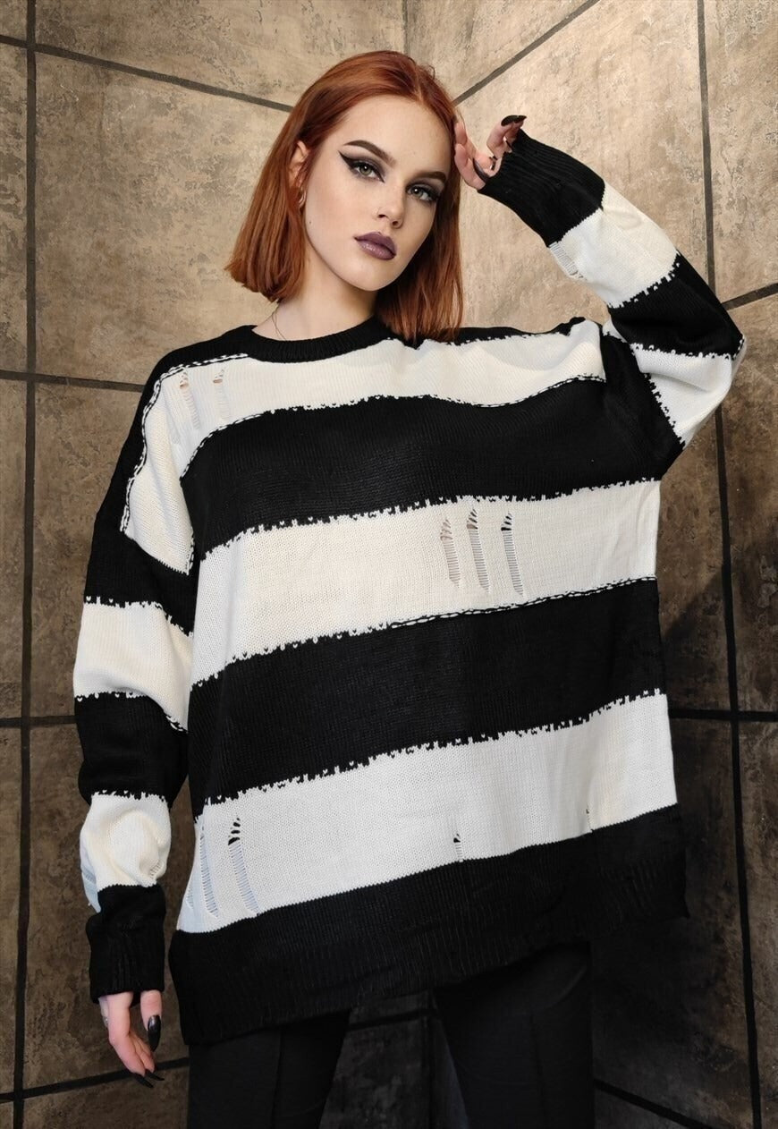 Punk stripe sweater distressed grunge jumper in white black