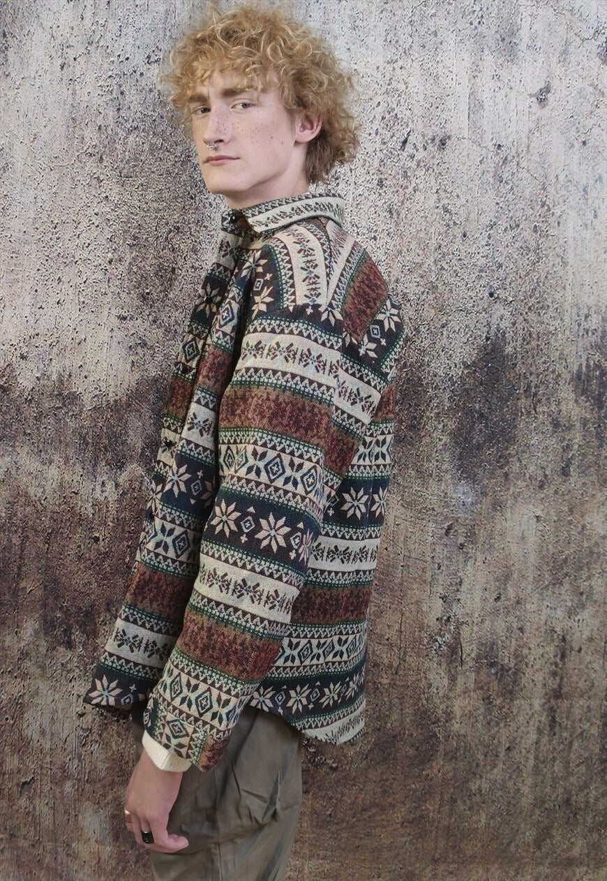 Stripe print thick shirt loose fit retro Aztec jacket brown
