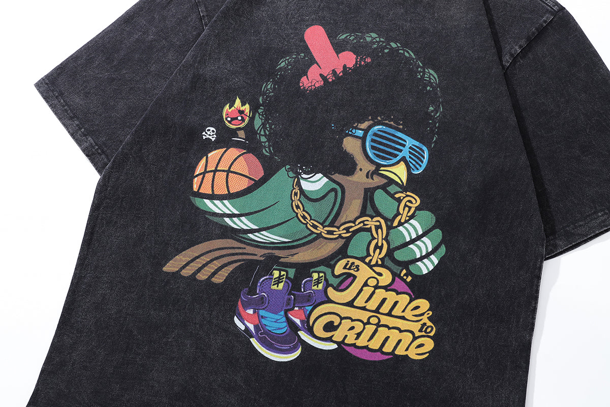 Hip-hop t-shirt gangster cartoon print tee retro rapper top in vintage grey