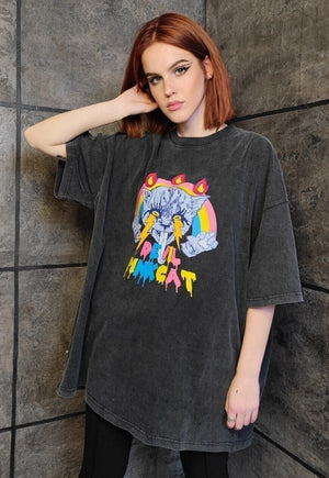 Rainbow t-shirt vintage wash punk cat tee kitten top black