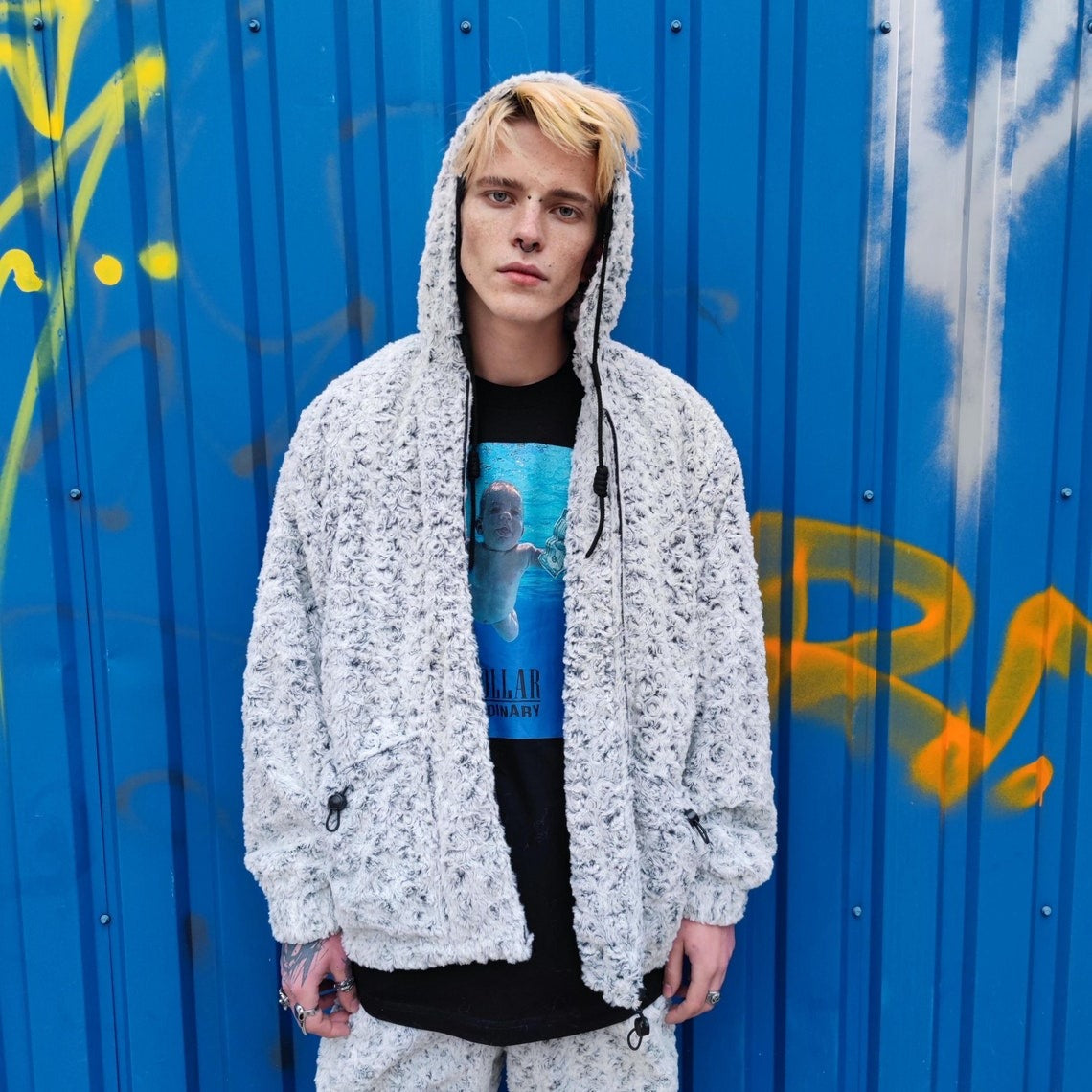 Fluffy fleece jacket hooded geometric bomber luxury grunge coat detachable sleeves handmade rose pattern overcoat fuzzy festival set grey