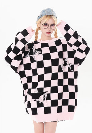 SKA check sweater plaid pattern knit top patchwork jumper