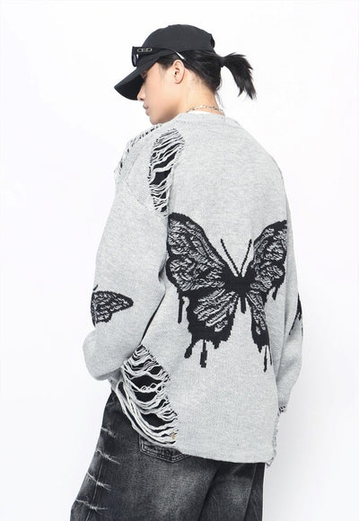 Butterfly sweater grey black ripped gothic jumper grunge top