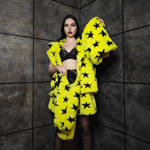 Faux fur skirt yellow star print midi fluffy fleece dress geometric bottoms carnival skirt elasticated waist burning man psychedelic skirt