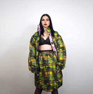 Green tartan skirt quilted punk reversible bottoms puffer skirt mohawk print pants rocker two sided joggers handmade tie-dye kilt