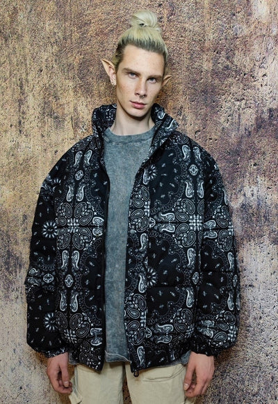 Paisley bomber jacket bandanna puffer cashew coat in black