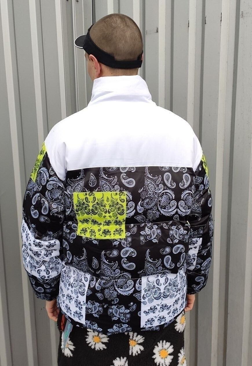 Paisley print bomber bandana puffer jacket in white black