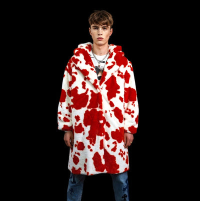 Cow print faux fur long coat hooded spot print trench rave bomber detachable fleece festival removable sleeves burning man jacket red white