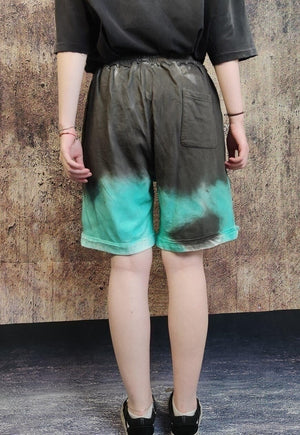 Tie-dye baggy sport shorts gradient crop overalls green grey