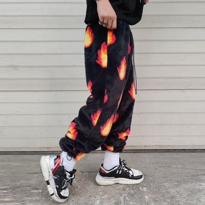 Flame fleece joggers luxury fluffy pants handmade thunder print trousers long hair premium fire festival overalls in black