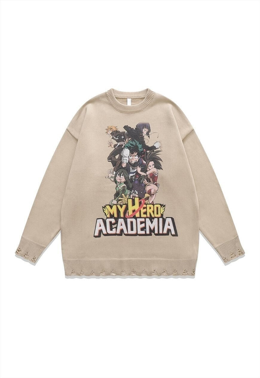 Academia sweater knitted distressed Anime print jumper grey