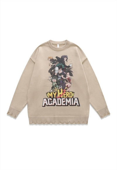 Academia sweater knitted distressed Anime print jumper grey