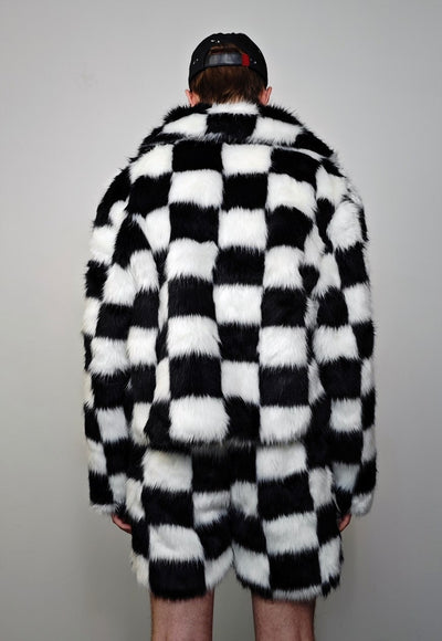 Checked faux fur short coat black plaid fuzzy trench jacket