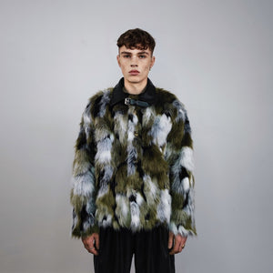 Short jacquard fur jacket green shaggy mink coat fuzzy going out military bomber party fleece fancy dress fluffy peacoat army camo overcoat