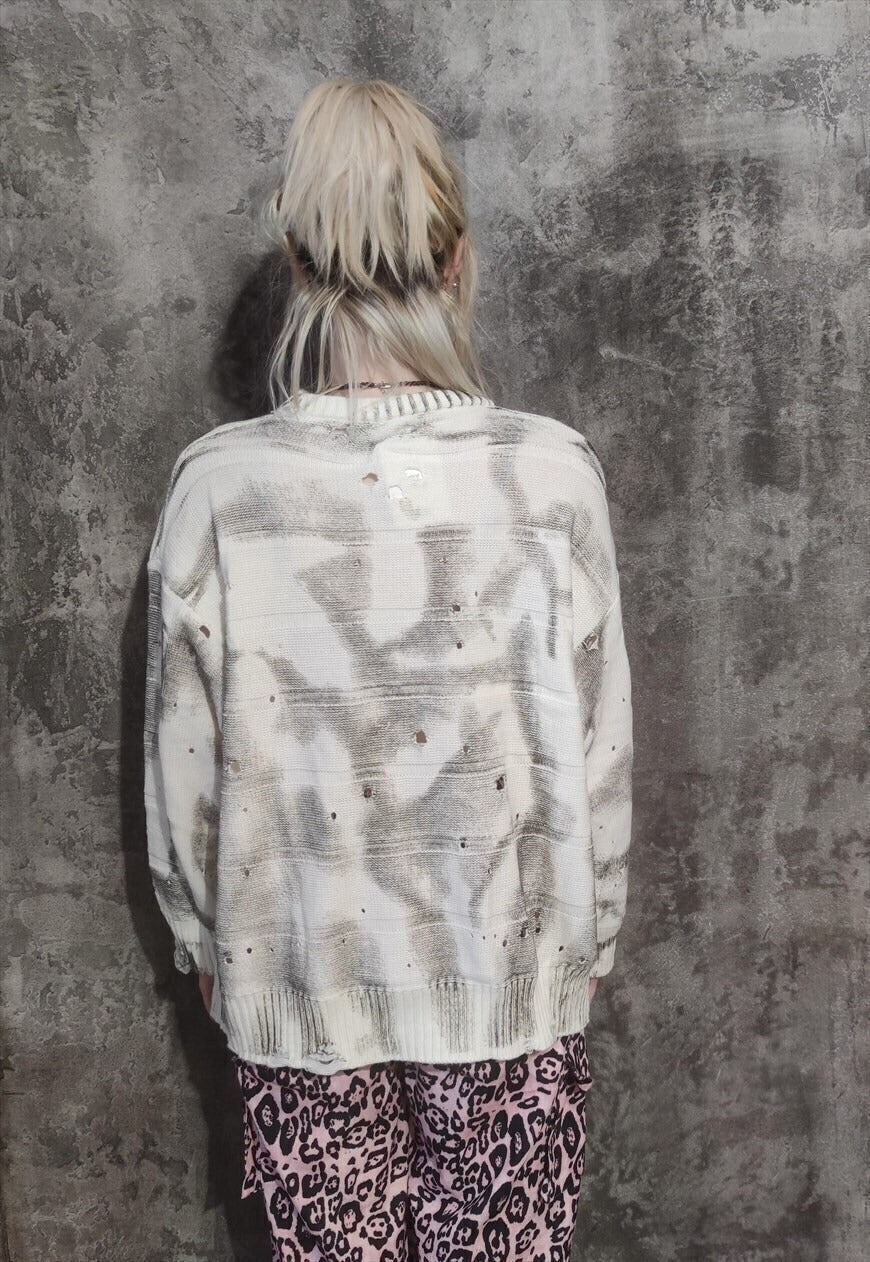 Ripped knitted sweatshirt distress knitwear jumper grey oil