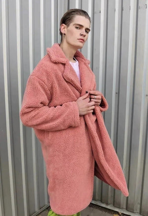 Fleece trench jacket in pastel pink faux fur fluffy mac coat