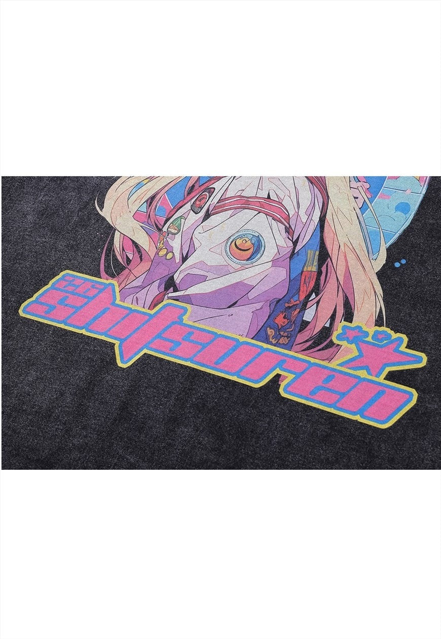 Anime t-shirt print tee retro Japanese top grey
