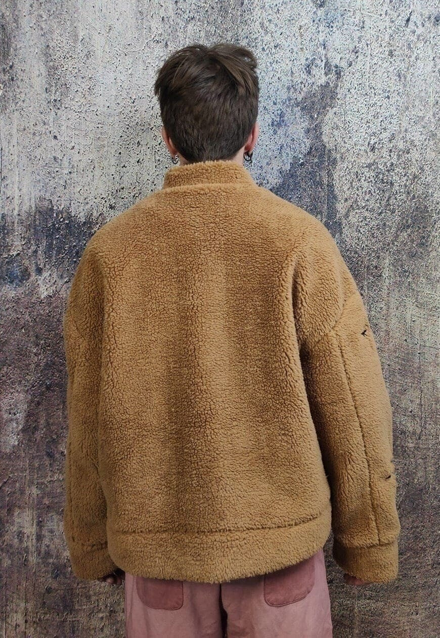 Graffiti fleece varsity jacket fluffy punk bomber coat brown