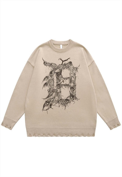 Skeleton sweater knit distressed jumper Gothic top in grey