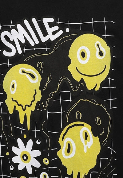 Emoji print t-shirt grunge tee retro raver smile top black