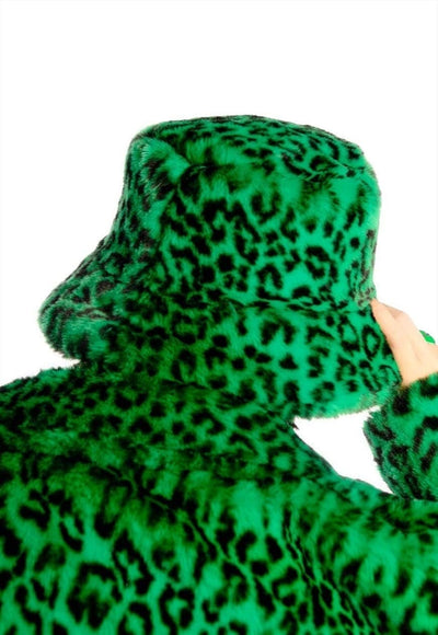 Leopard bucket hat faux fur fluffy animal hat rave cap green