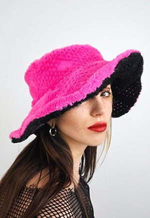 Embellished fleece bucket pink reversible fedora two sided