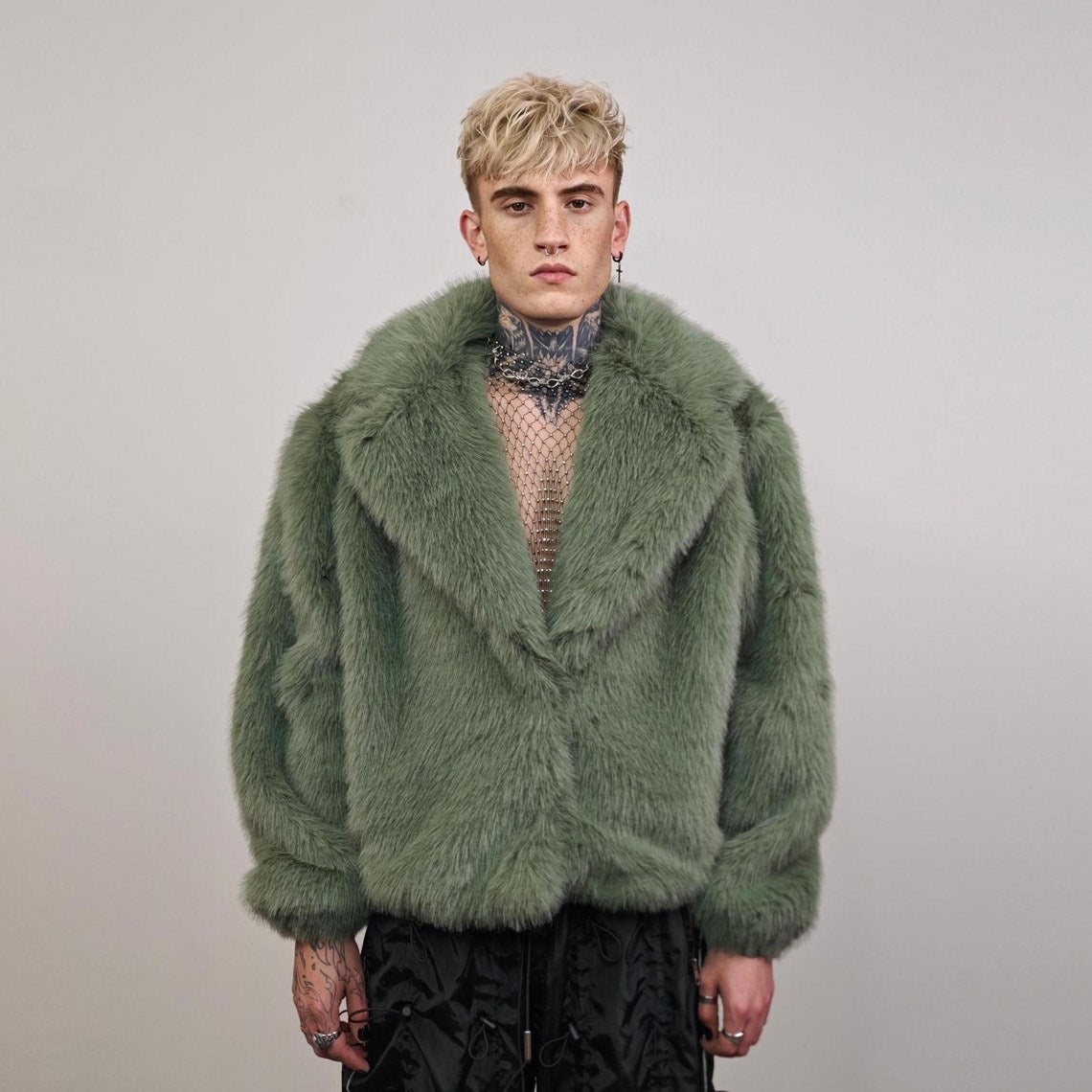 Green faux fur coat shaggy cropped trench short going out jacket fuzzy grunge detachable sleeves handmade luxury festival overcoat fleece