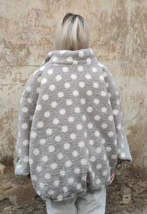 Polka dot fleece jacket handmade fluffy spot bomber in grey