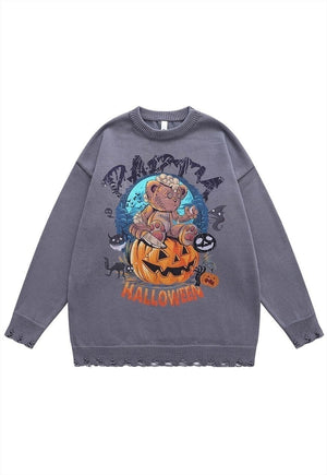 Halloween sweater pumpkin knit distressed jumper in black