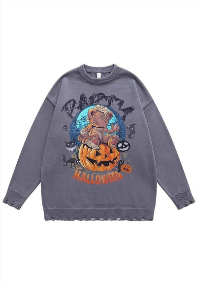 Halloween sweater pumpkin knit distressed jumper in black