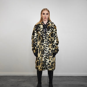 Brown leopard coat faux fur animal print trench spot pattern overcoat going out bomber detachable rock festival jacket cheetah peacoat