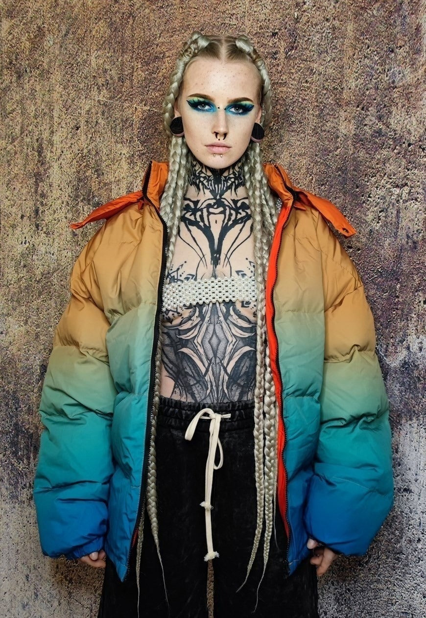 Gradient rainbow bomber tie-dye jacket rave puffer orange
