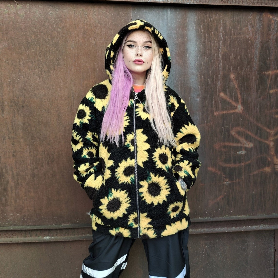 Floral fleece coat sunflower trench daisy pattern overcoat yellow rave bomber festival party jacket custom peacoat in yellow black