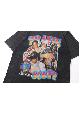 Travis Scott t-shirt rapper print tee retro hip-hop top in vintage grey