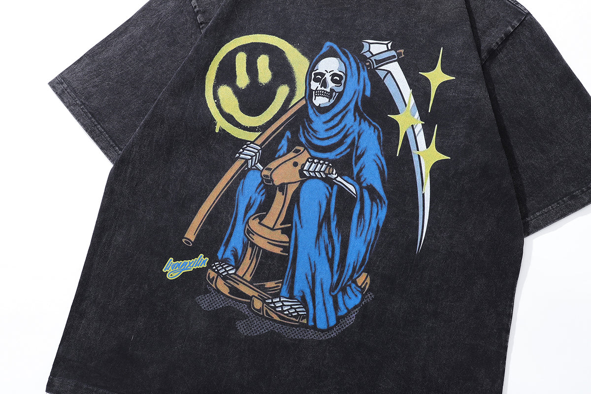 Grim reaper t-shirt death print tee retro Y2K cartoon top in vintage grey
