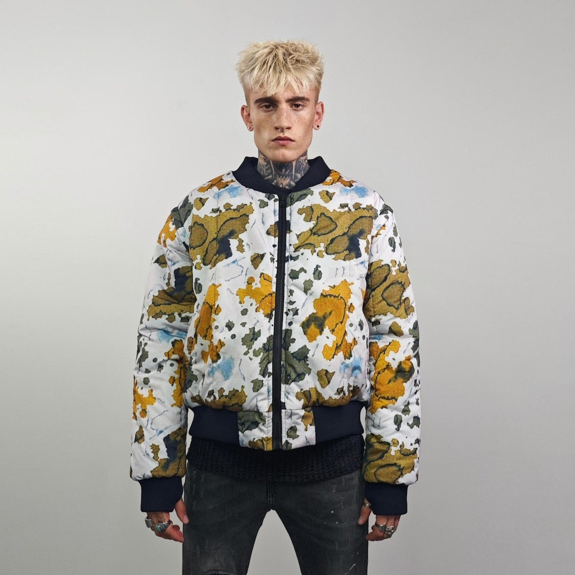 Leaves print bomber forest pattern jacket camo reversible military college varsity detachable sleeves handmade army grunge rocker coat green