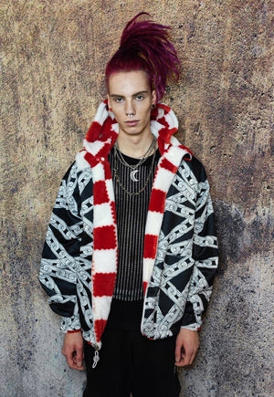 Check fleece hood jacket handmade fluffy chess bomber in red