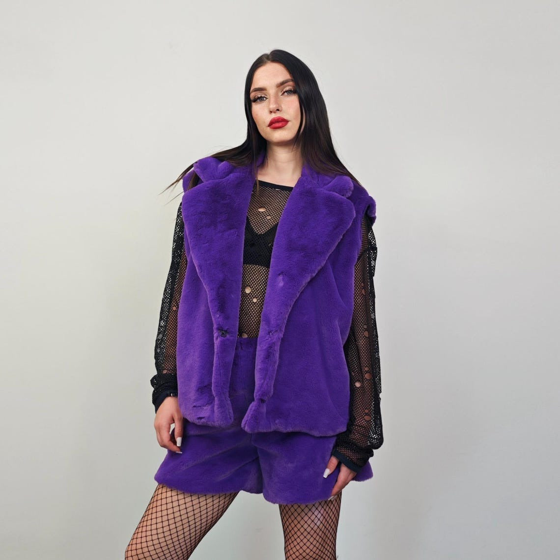 Short faux fur coat purple soft fleece trench luxury crop jacket detachable sleeves handmade pattern party overcoat fluffy festival set
