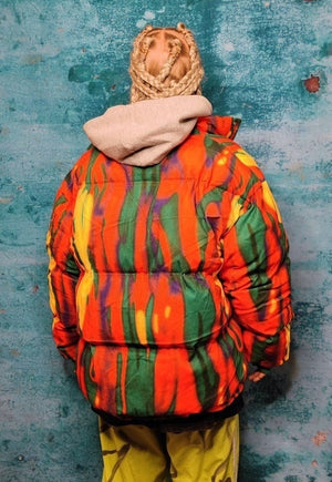 Tie-dye corduroy bomber space puffer flame jacket in orange