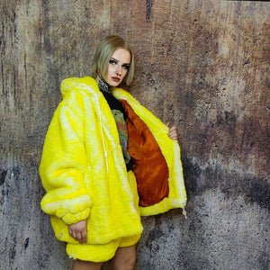 Faux fur luxury jacket handmade premium fleece jacket fluffy hooded lemon coat festival bomber tie-dye puffer in fluorescent yellow white