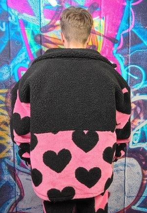 Heart fleece handmade love emoji bomber jacket in pink black