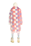 Checked shaggy fur longline coat geometric pattern jacket rave bomber fluffy festival coat fleece party bomber pastel burning man coat pink