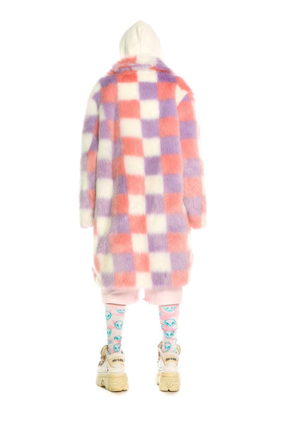 Checked shaggy fur longline coat geometric pattern jacket rave bomber fluffy festival coat fleece party bomber pastel burning man coat pink