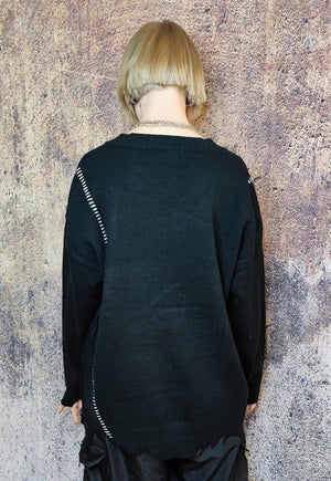 College sweater knitted ripped jumper American top in black