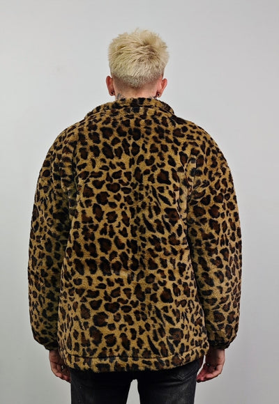 Animal print fleece jacket brown leopard coat zip up cheetah