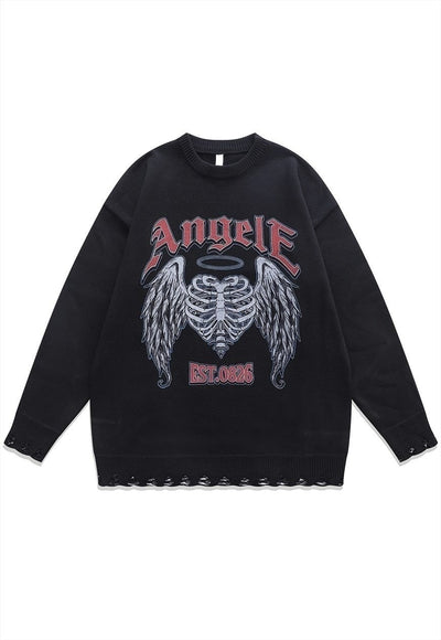 Angel wings sweater bones knit distressed scary jumper beige